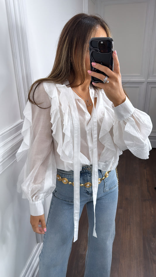 CAMILA white sheer ruffle detail blouse