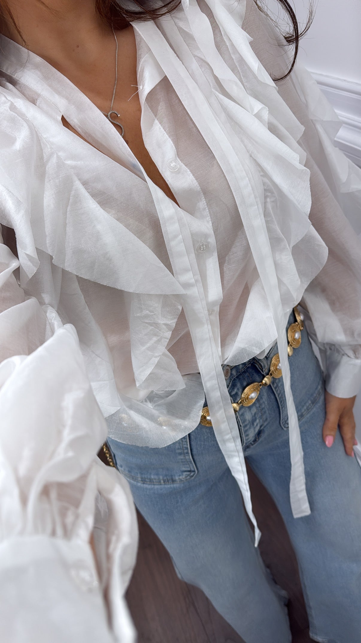 CAMILA white sheer ruffle detail blouse