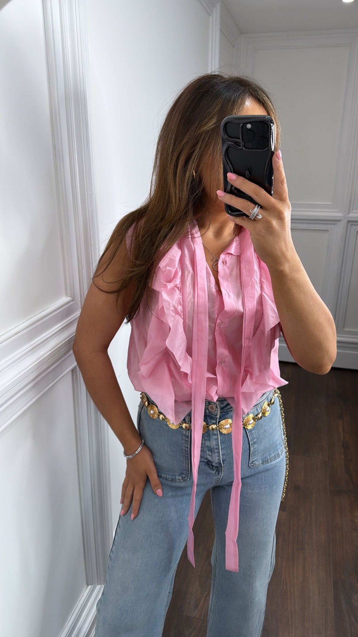ERIN pink sheer ruffle detail sleeveless shirt