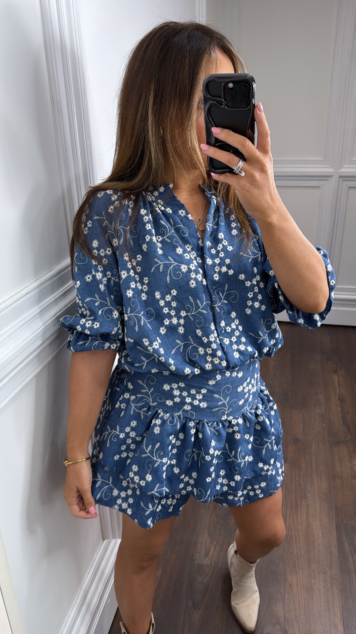 EBONIE blue embroidered detail playsuit