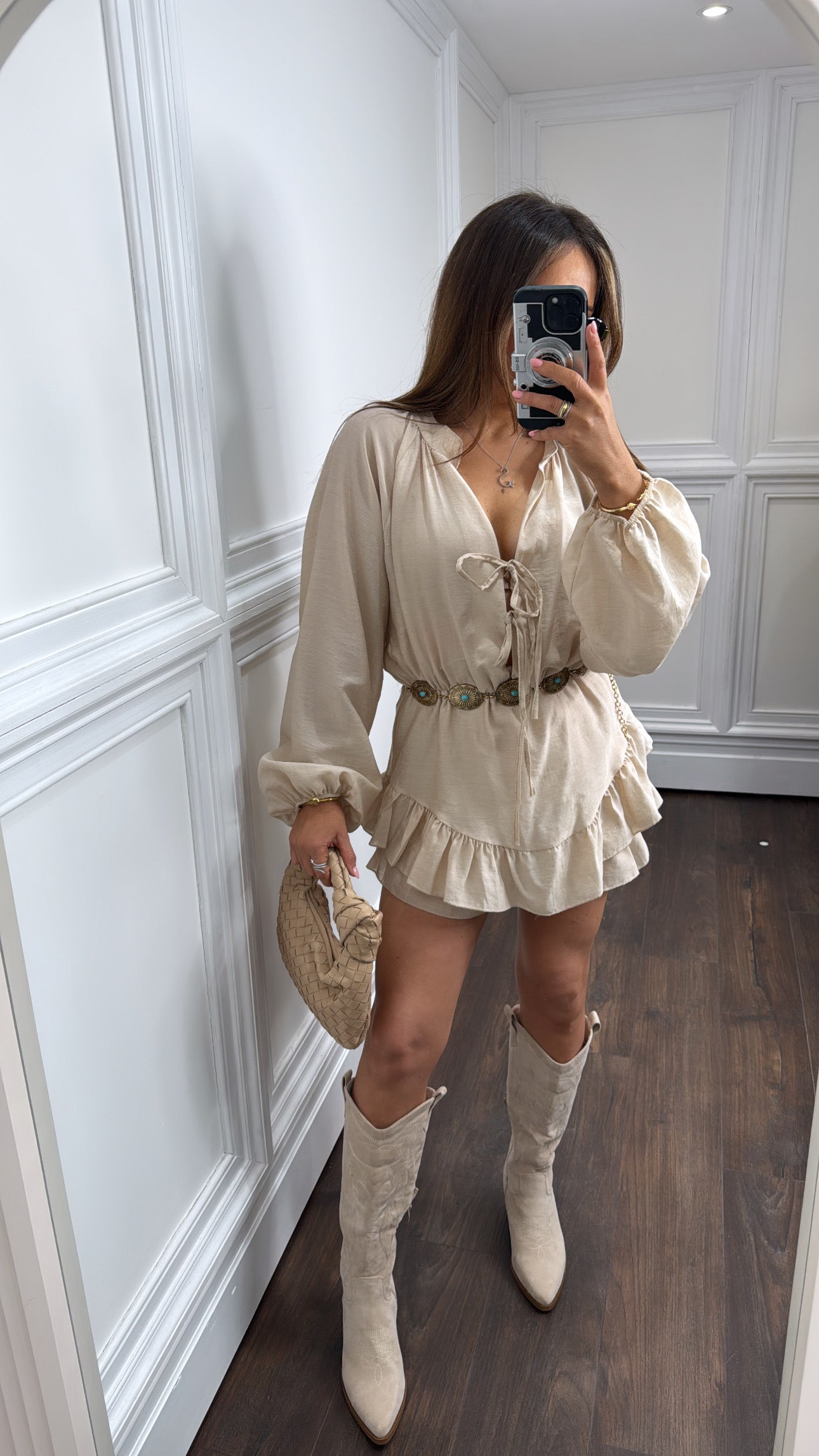 LORETTA beige tie front playsuit