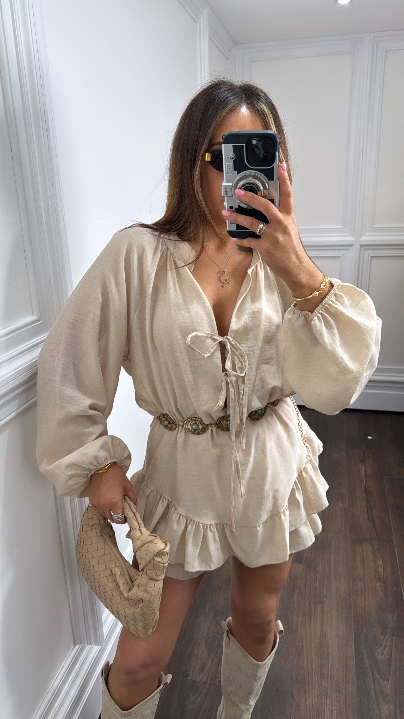 LORETTA beige tie front playsuit