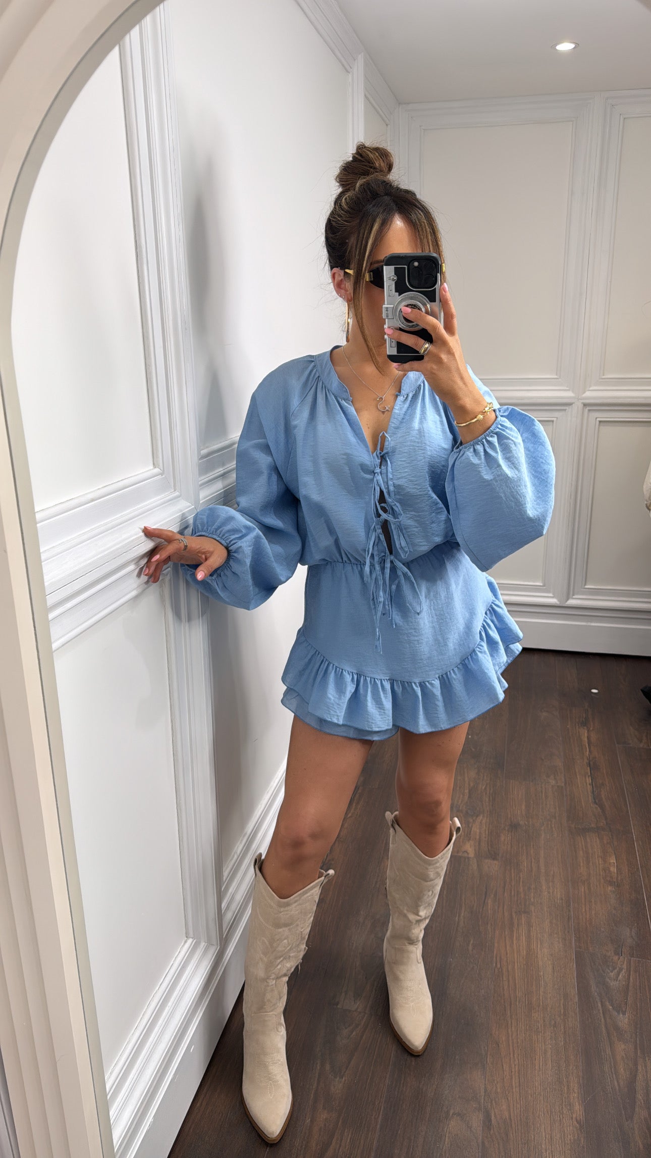 LORETTA blue tie front playsuit