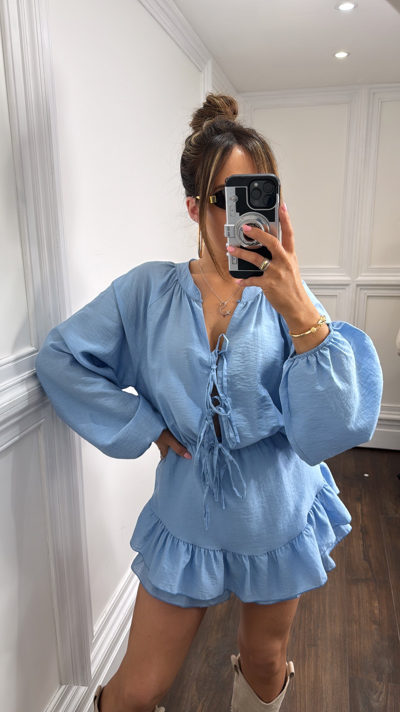 LORETTA blue tie front playsuit