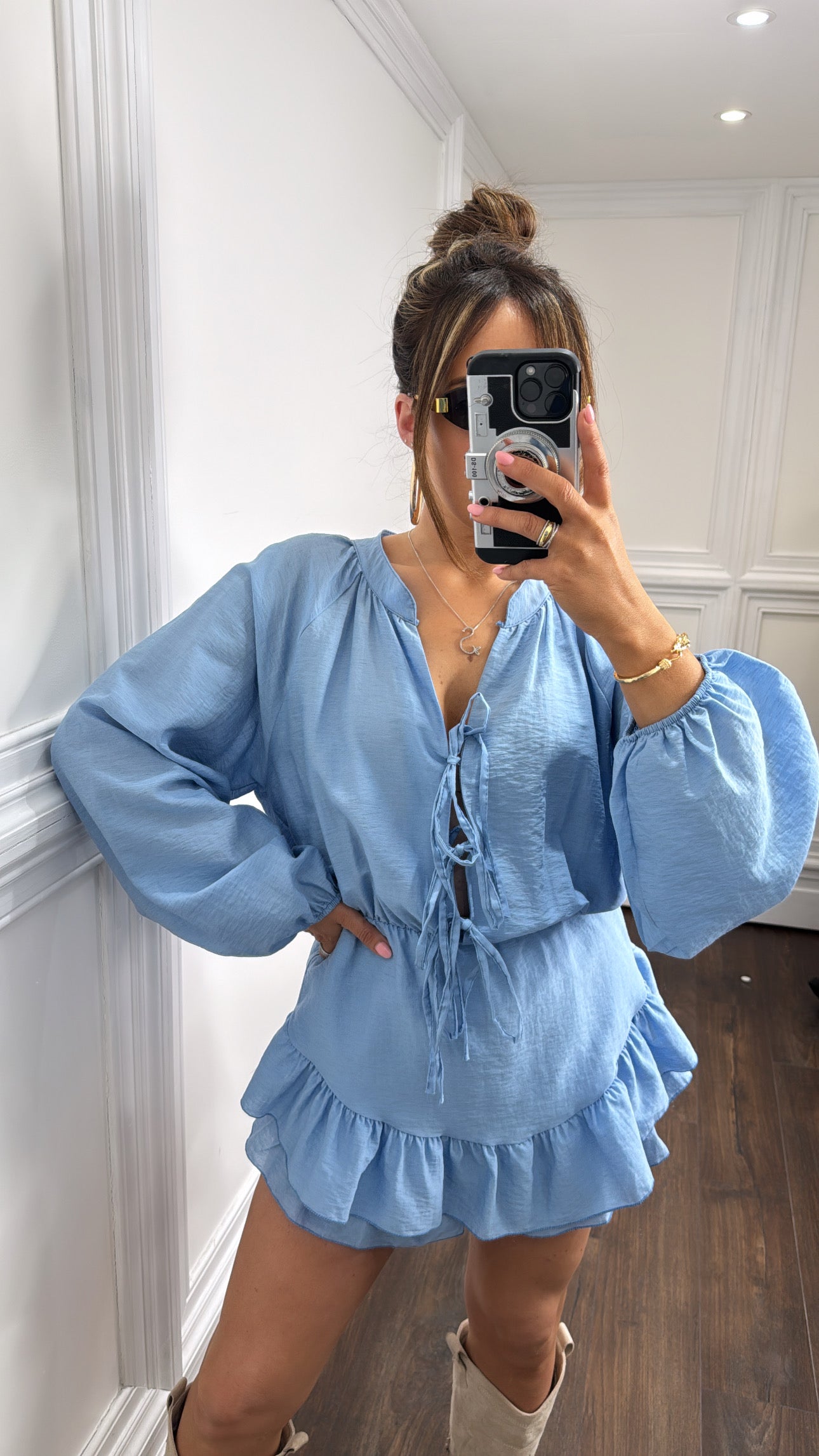LORETTA blue tie front playsuit