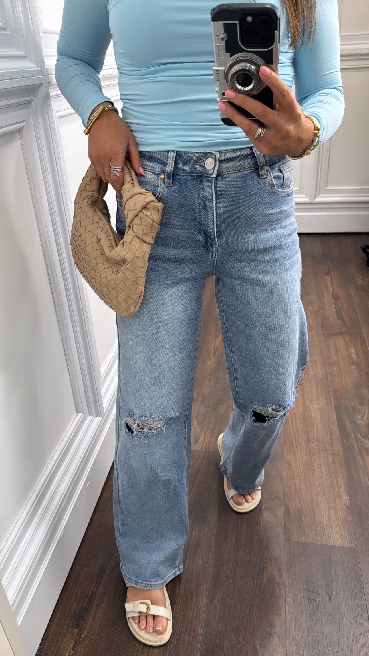 LEONIE blue rip knee wide leg jeans