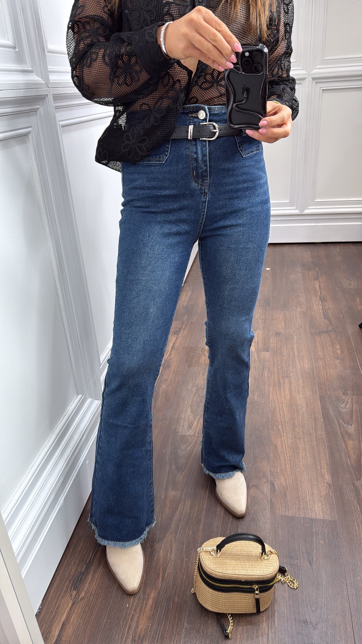 IMOGEN dark blue raw hem flare jeans