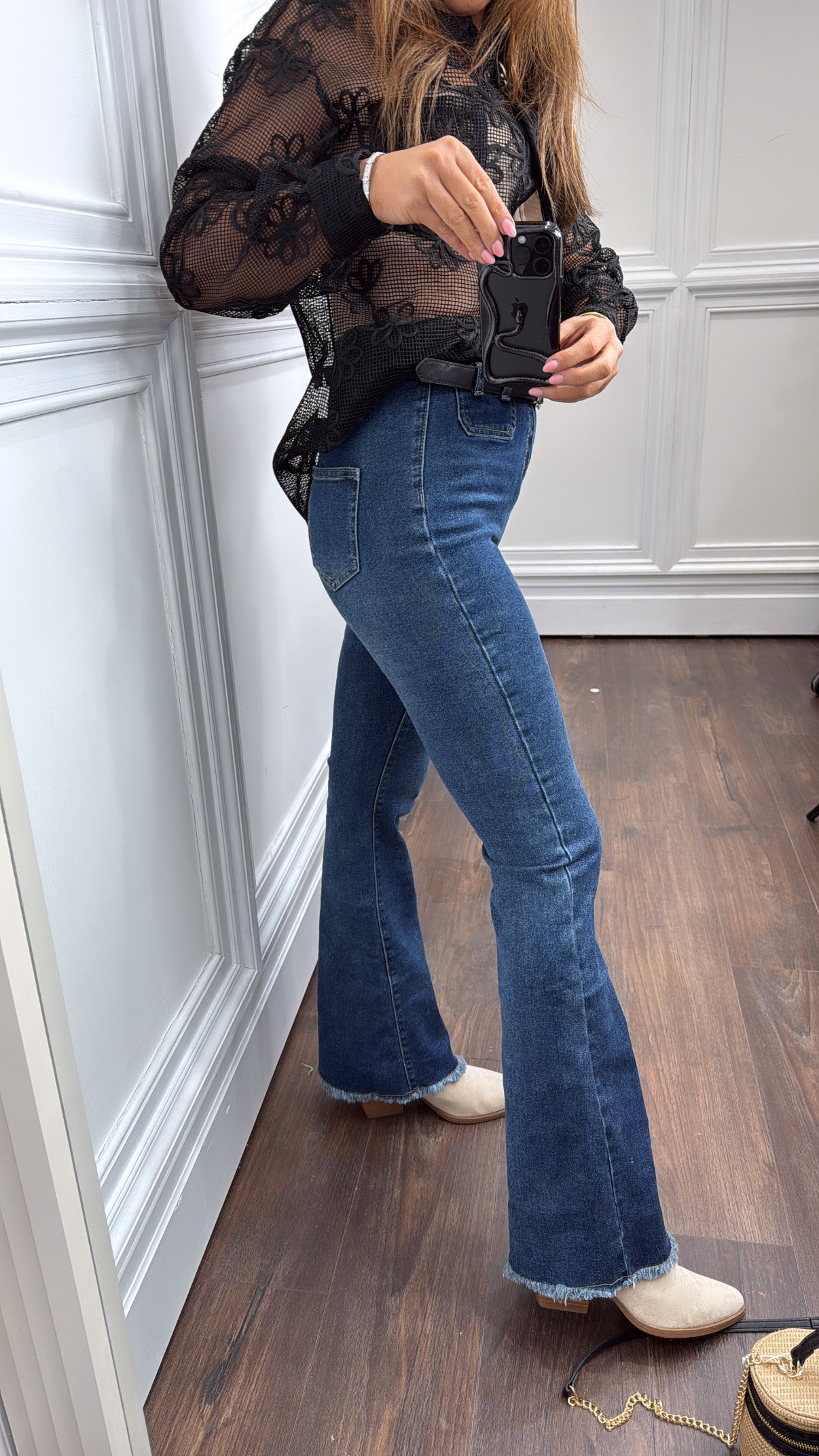 IMOGEN dark blue raw hem flare jeans