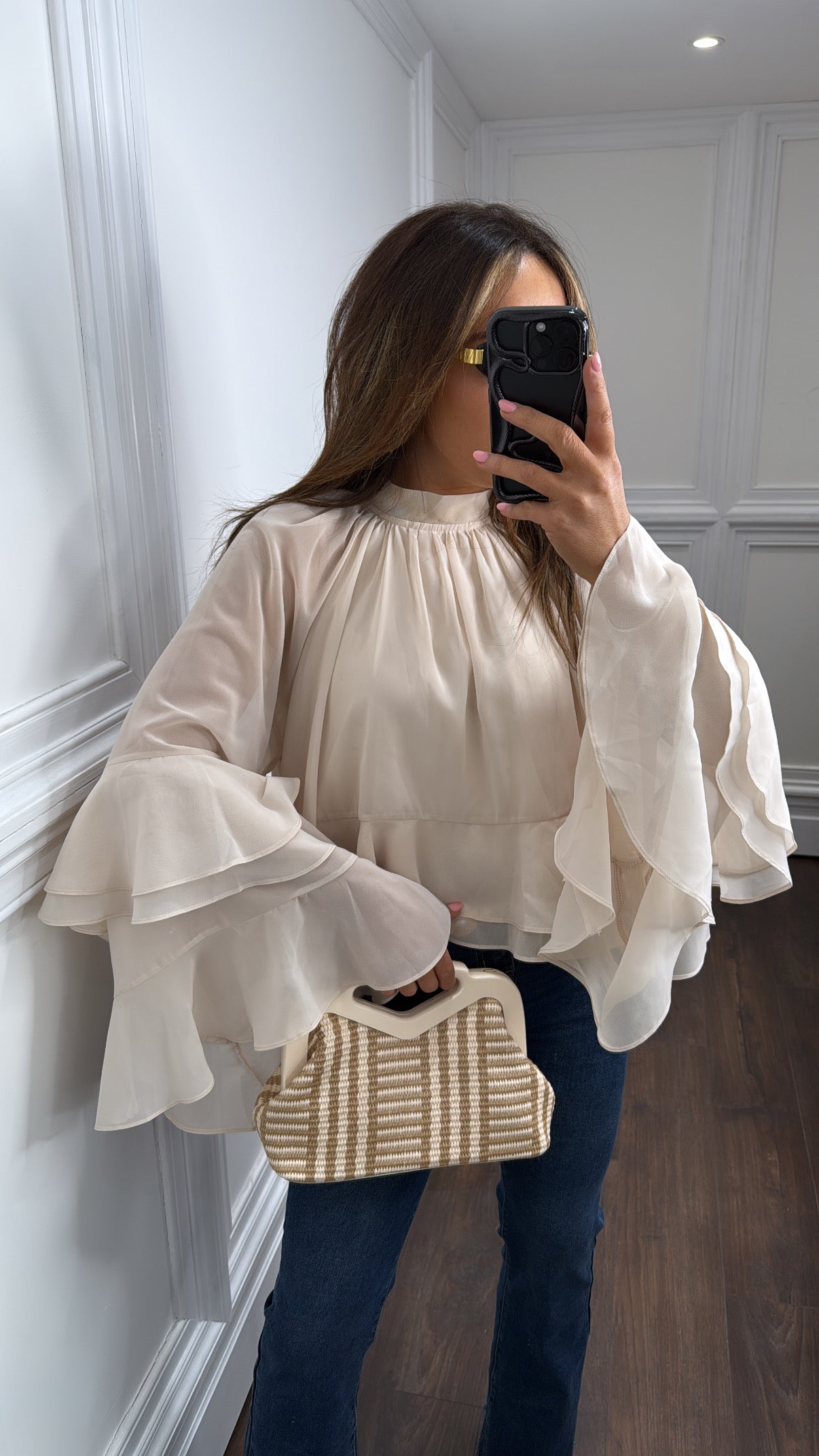 SIAN nude sheer ruffle blouse