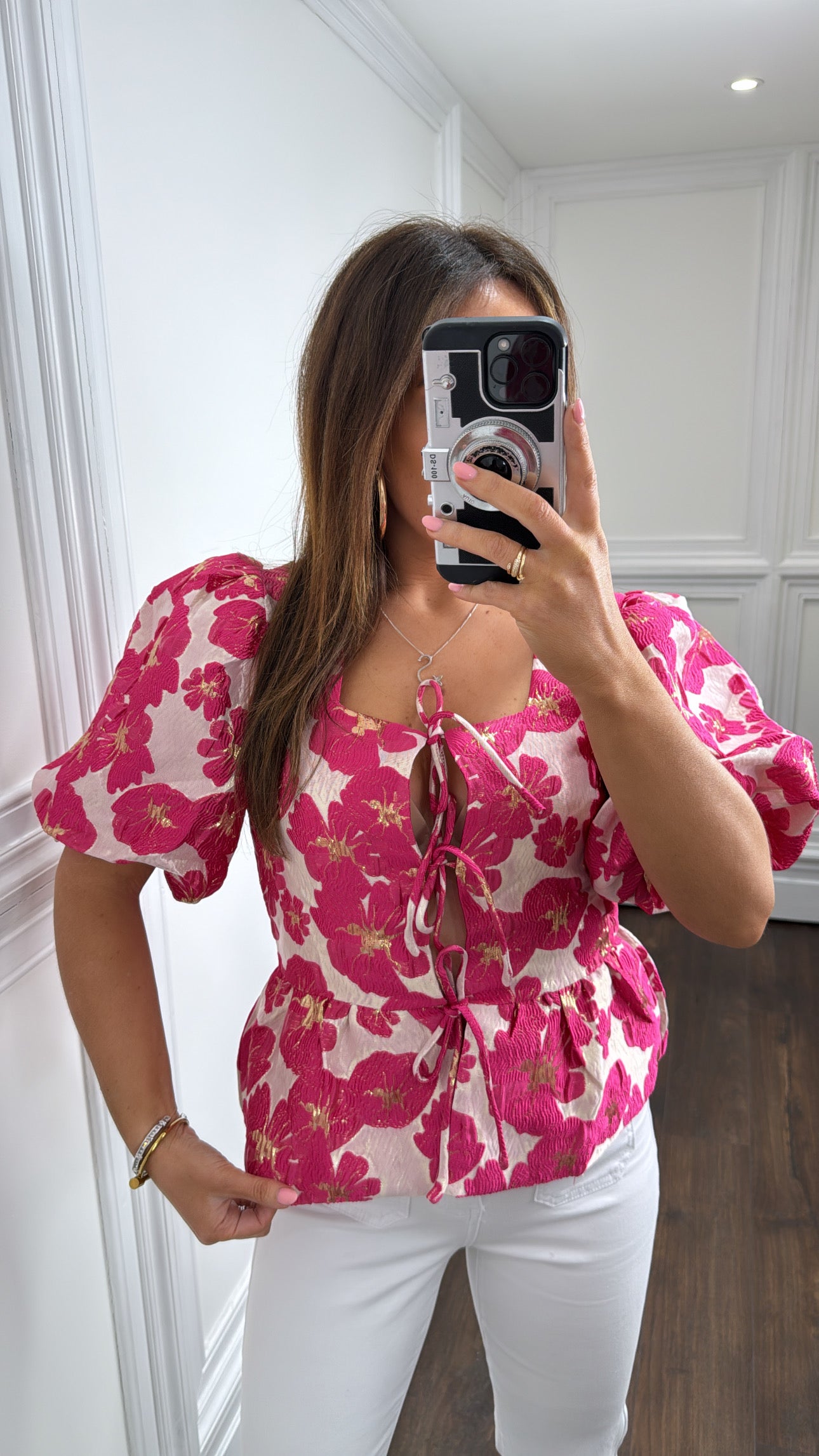 SERENA pink floral jacquard tie front top