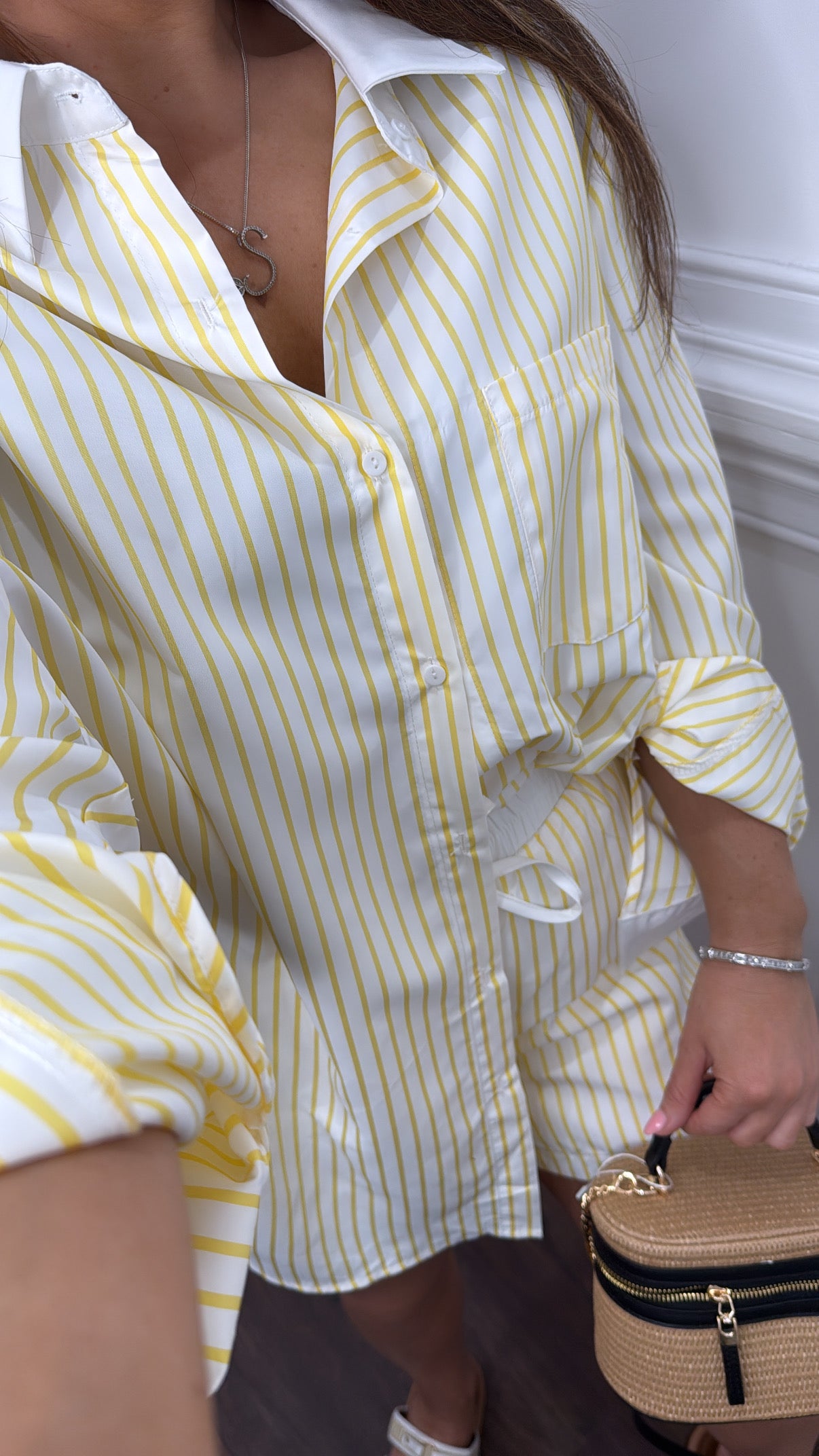 ROXI yellow and white stripe shirt and boxer short co-ord