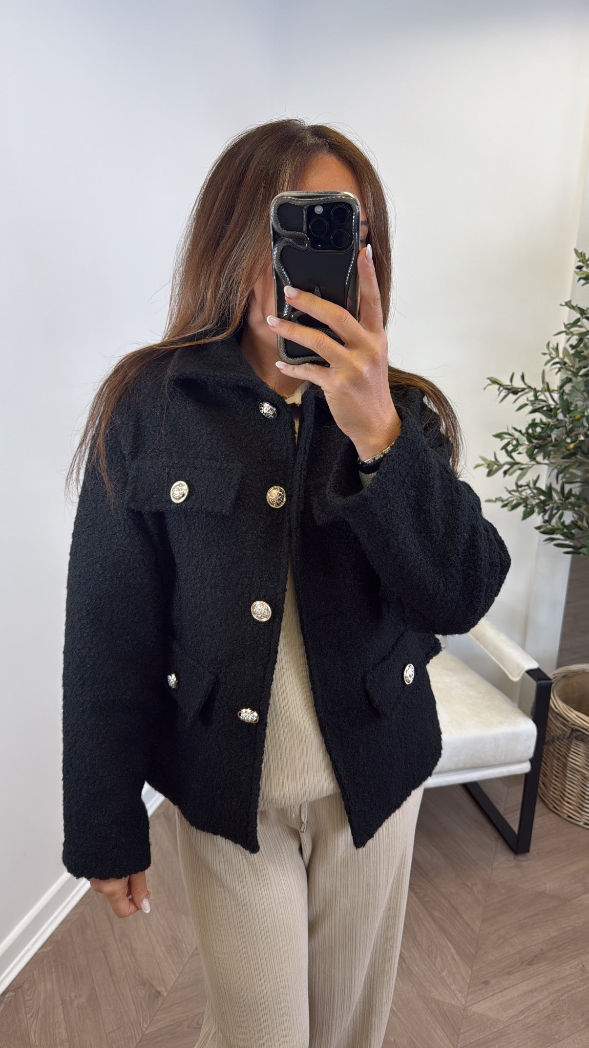 LYRA black boucle button detail jacket