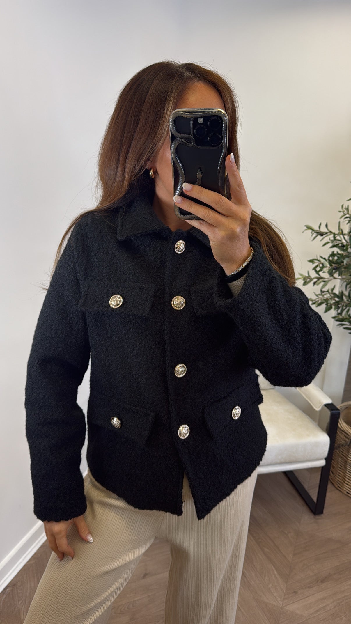 LYRA black boucle button detail jacket