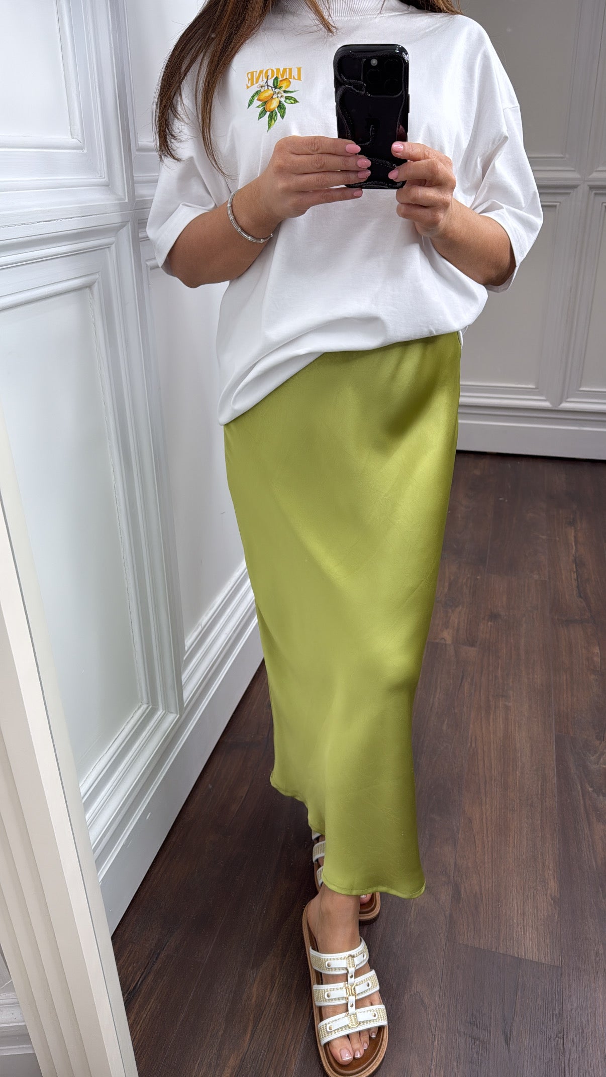 LIVVY olive green satin maxi skirt