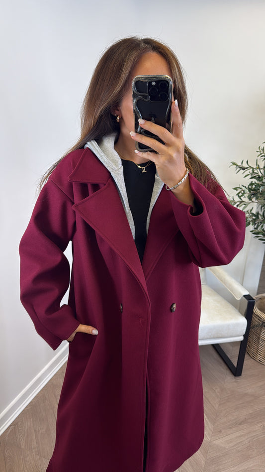 BOSTON burgundy hooded oversize duster jacket
