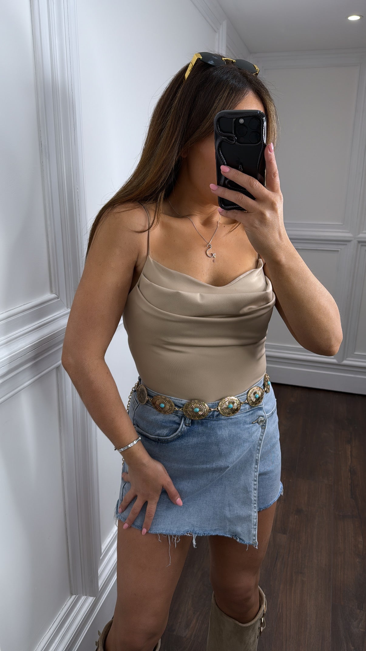 FINOLA taupe cowl cupped bodysuit