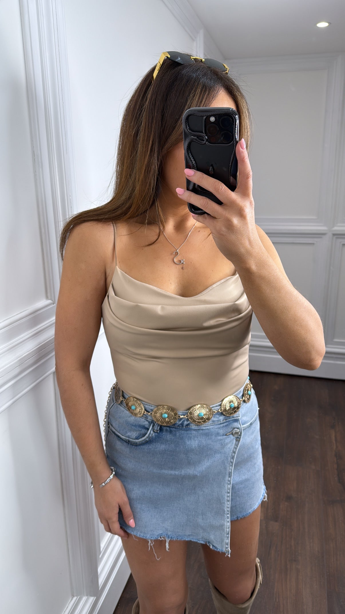 FINOLA taupe cowl cupped bodysuit