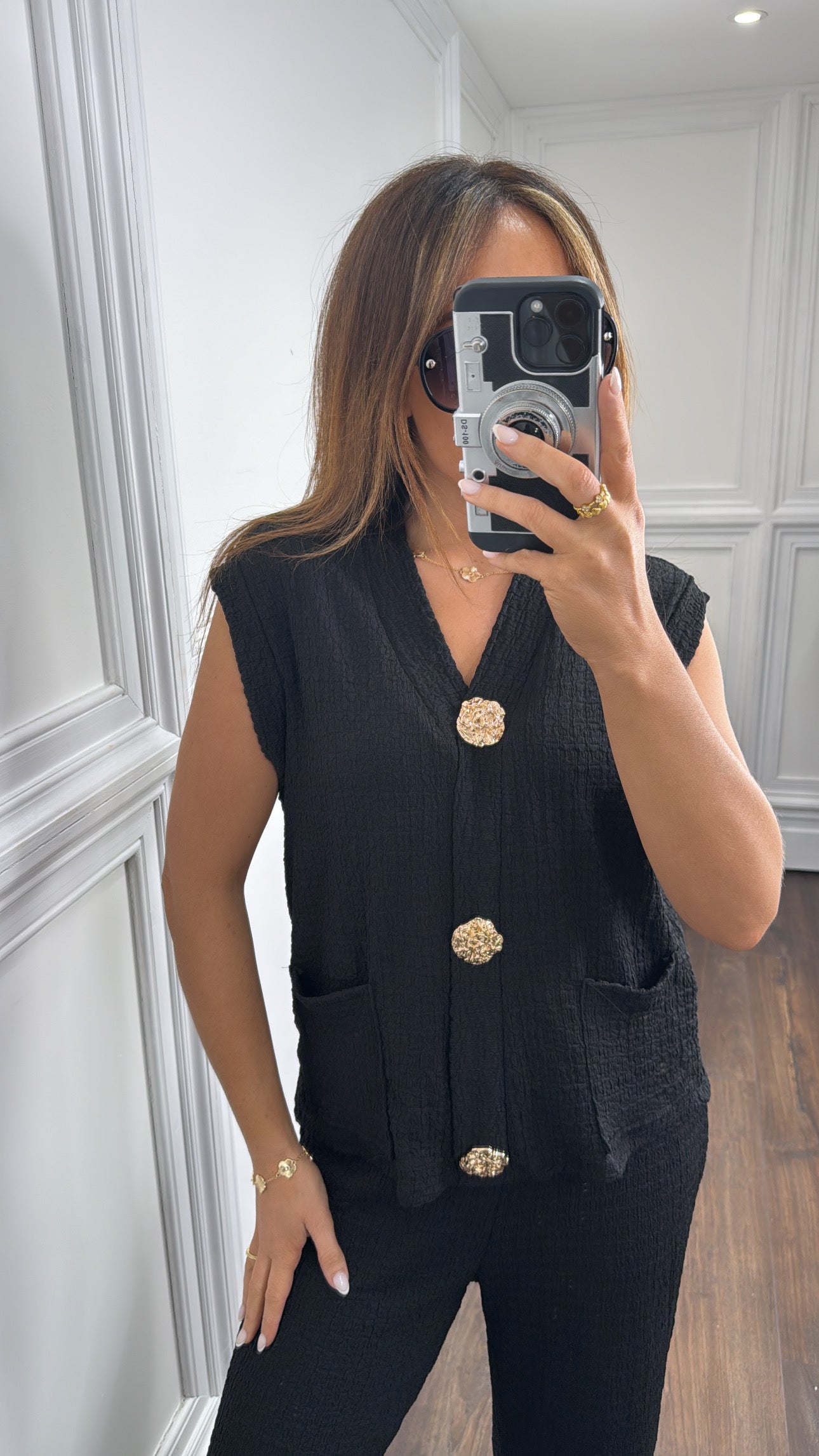 TAMSYN black gold button seersucker waist jacket and wide leg trouser co-ord