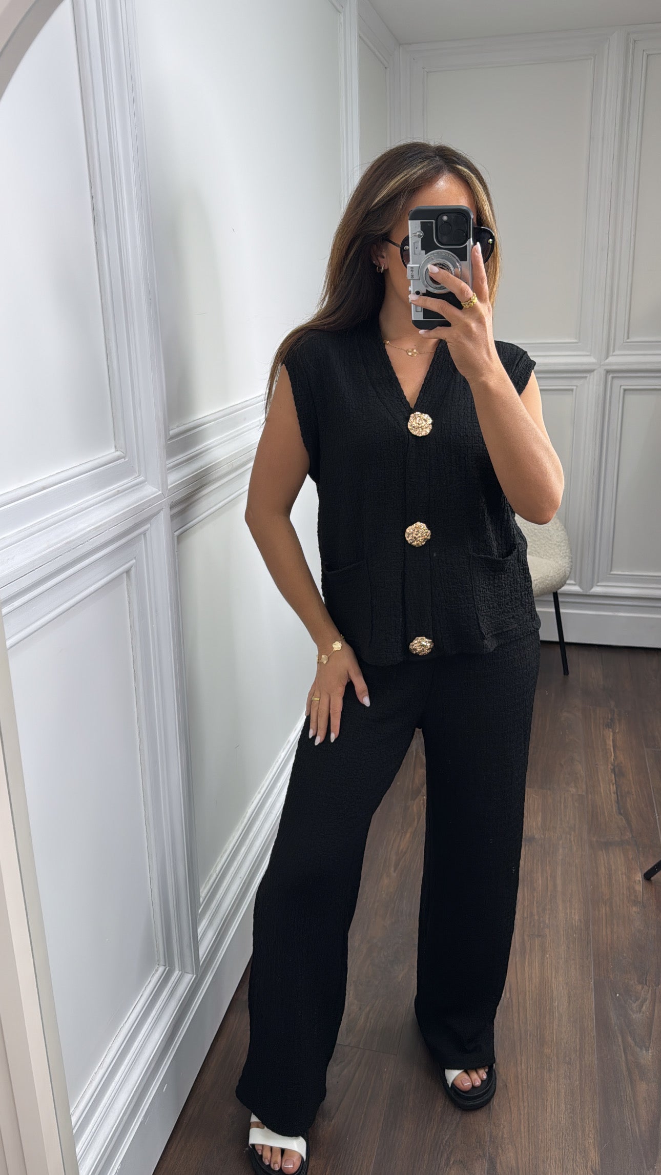 TAMSYN black gold button seersucker waist jacket and wide leg trouser co-ord