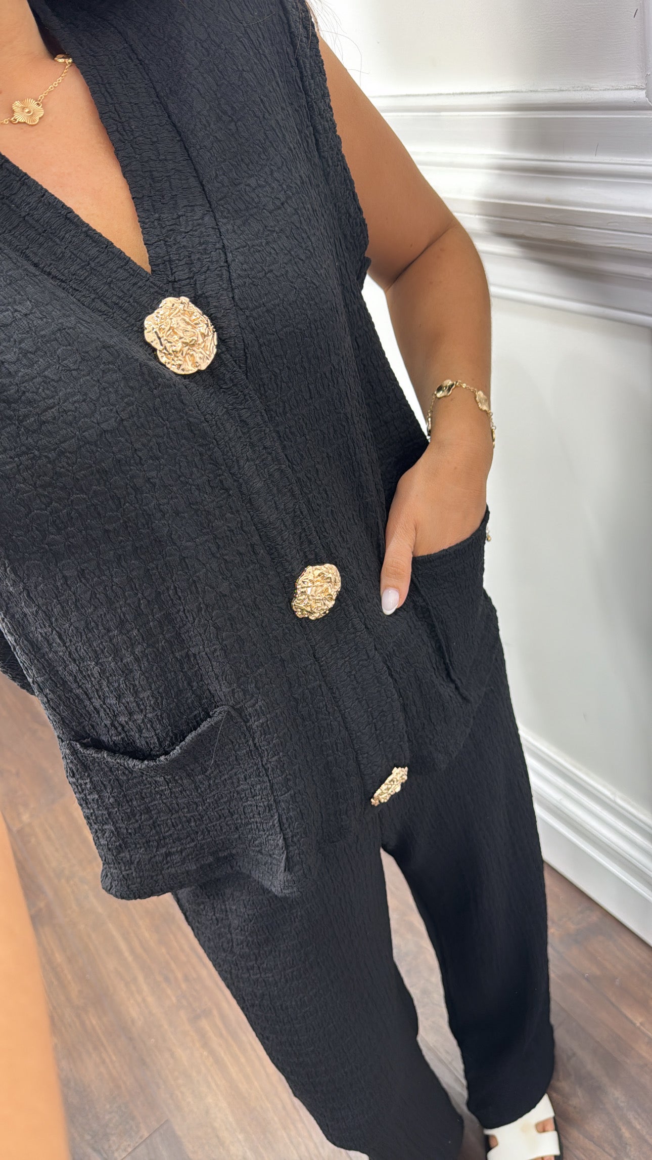 TAMSYN black gold button seersucker waist jacket and wide leg trouser co-ord