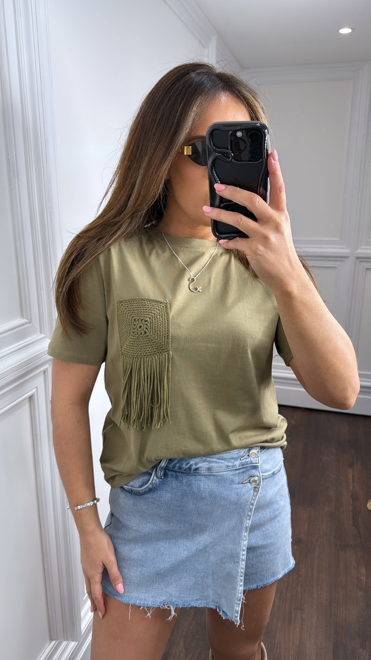 LAYLA khaki crochet detail t-shirt