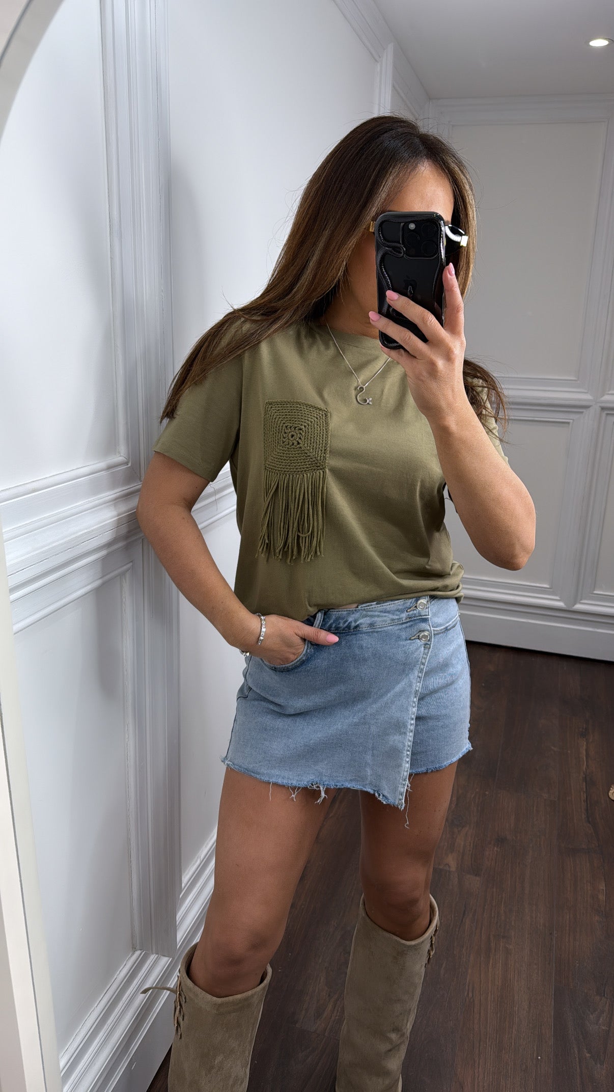 LAYLA khaki crochet detail t-shirt