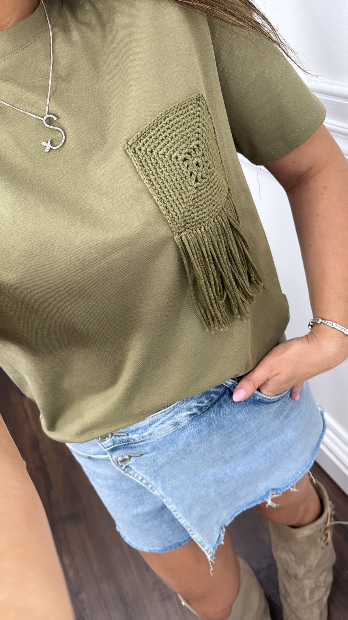 LAYLA khaki crochet detail t-shirt