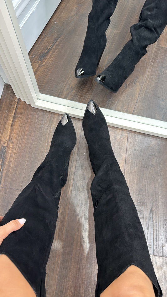 NARLA black faux suede capped western boots