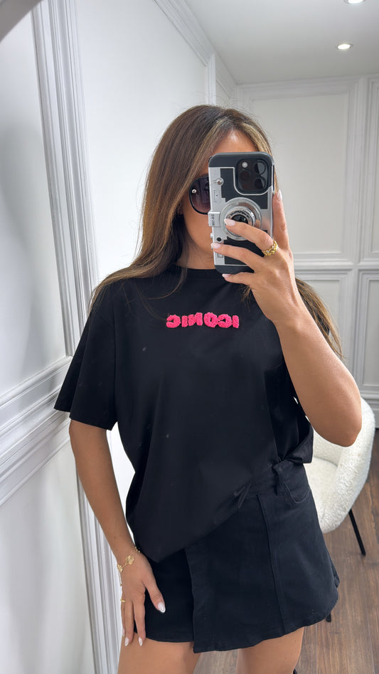 ICONIC black tshirt with pink borg lettering
