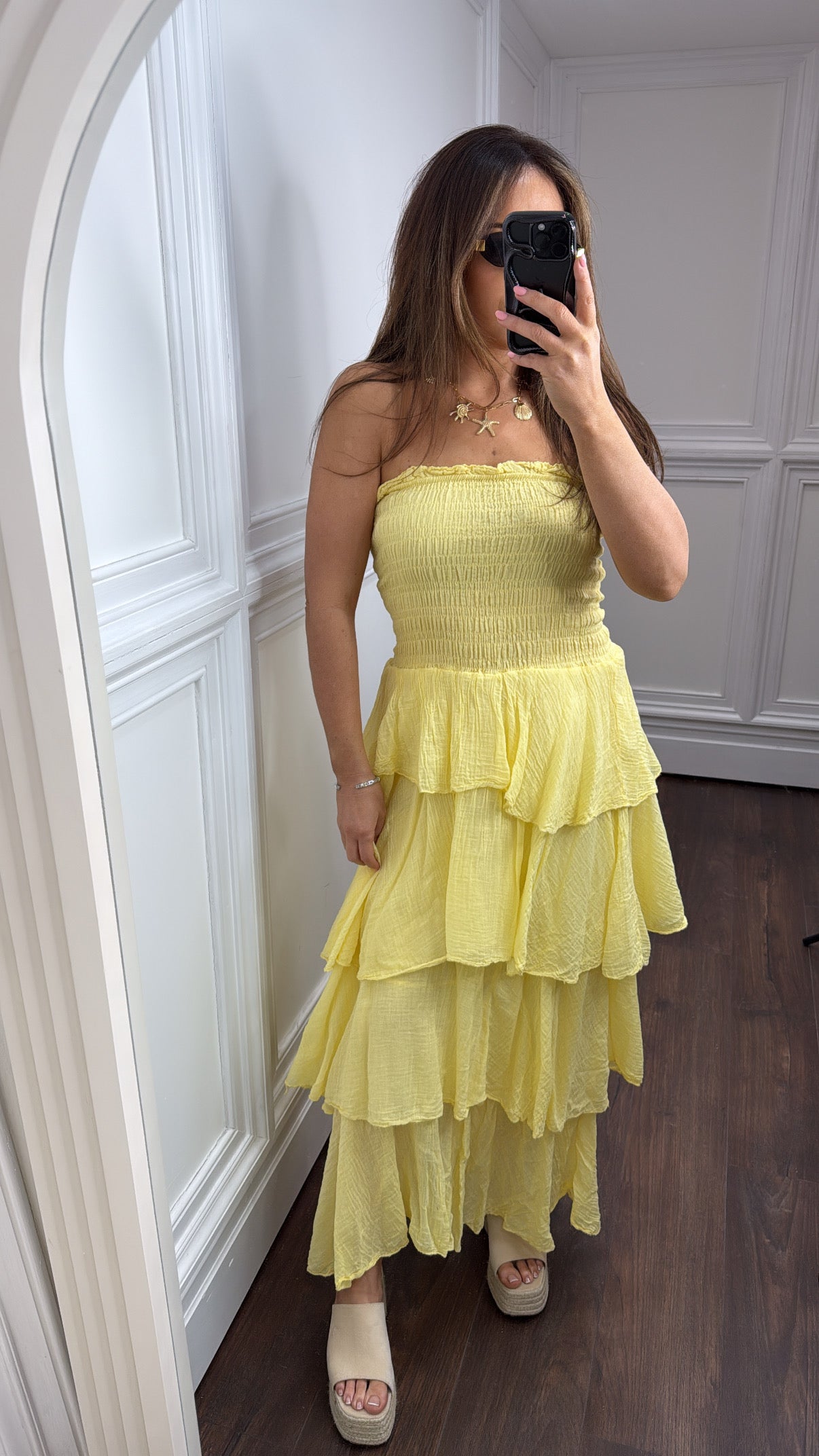 CATRINA yellow shirred bandeau midi dress
