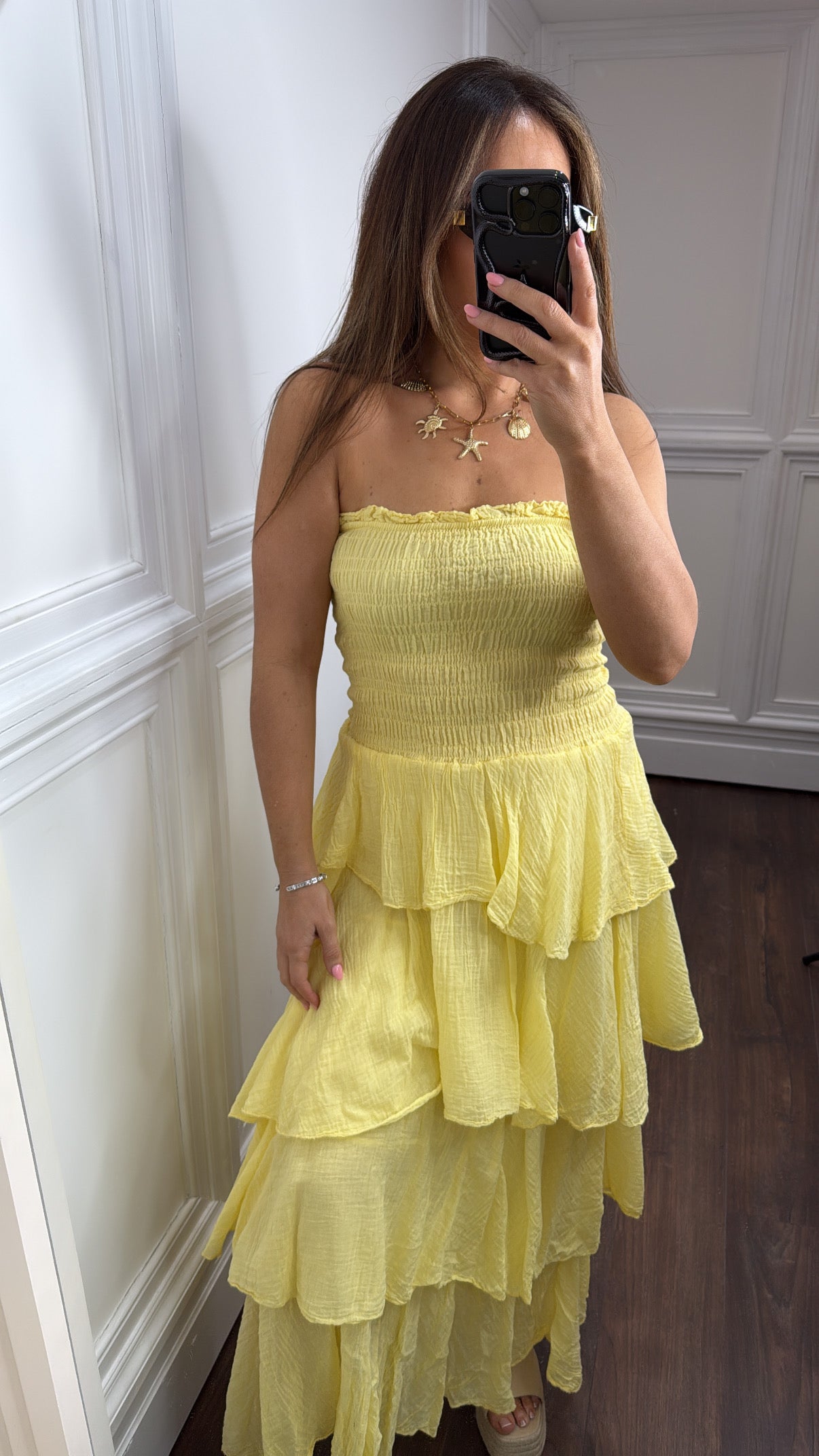 CATRINA yellow shirred bandeau midi dress