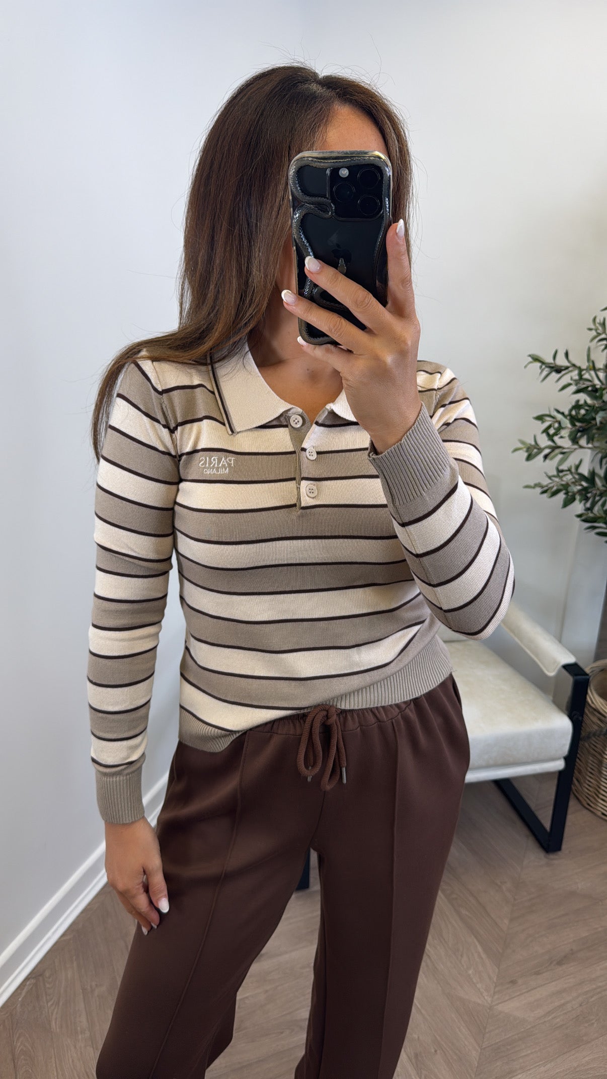 PARIS MILANO cream and brown collared rugby style top