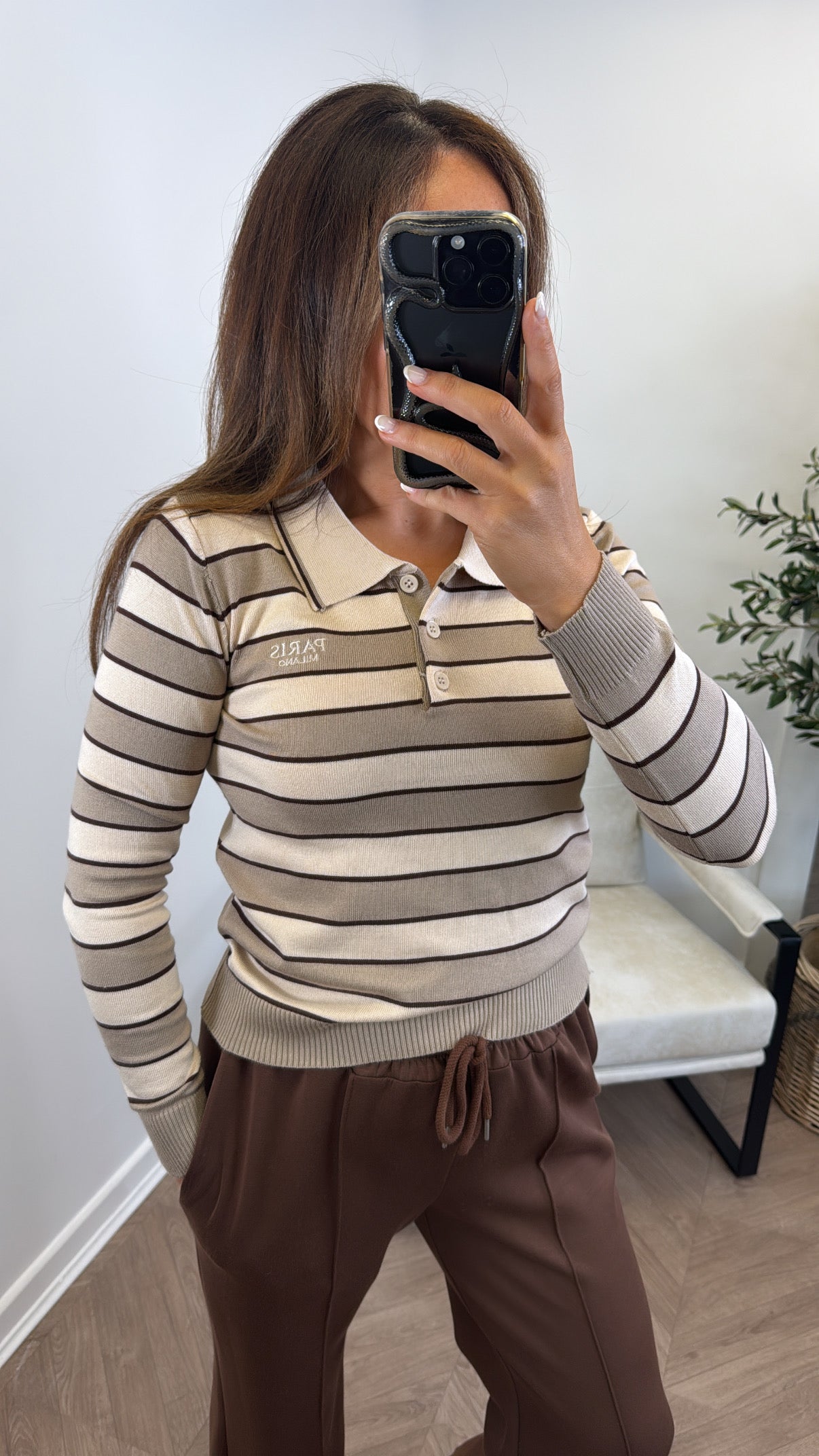 PARIS MILANO cream and brown collared rugby style top