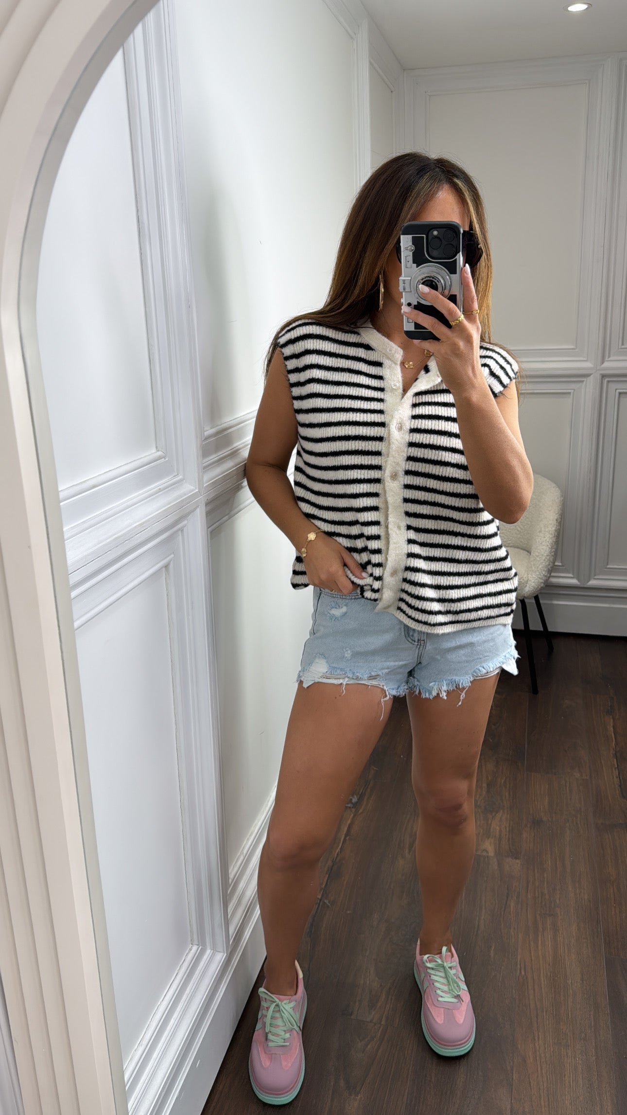 AINSLEY black and cream stripe soft knit waist jacket top