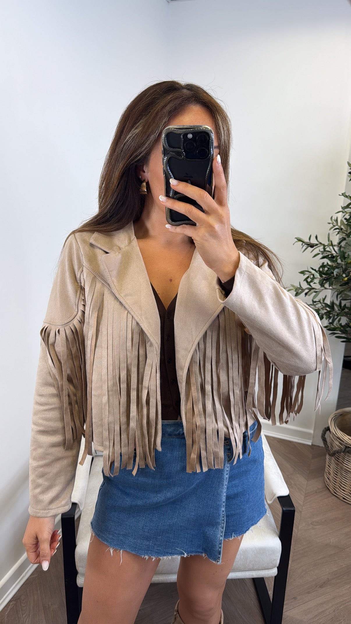 MARLA beige faux suede tassel jacket