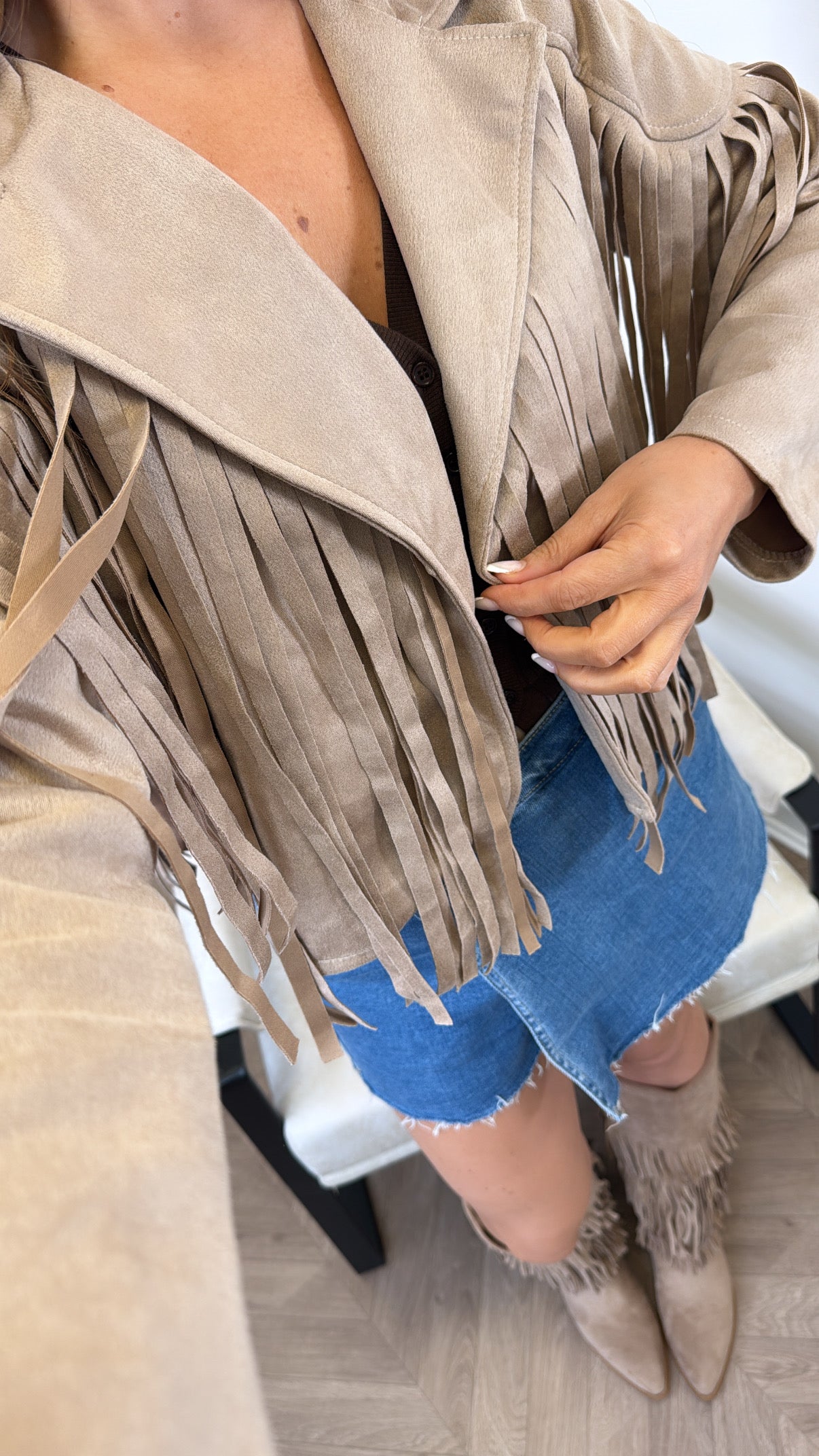 MARLA beige faux suede tassel jacket