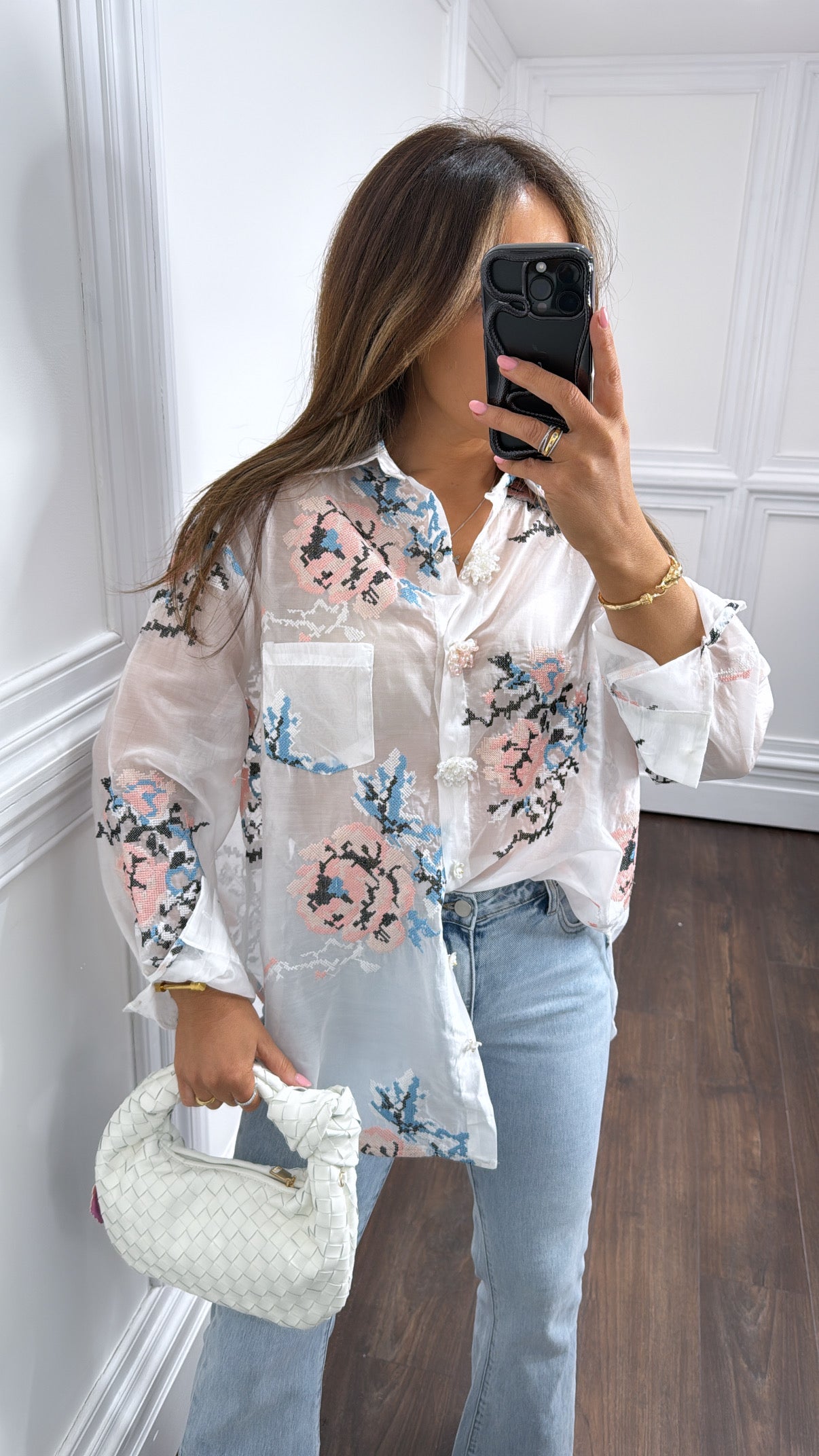 KALI white floral shirt with jewel floral buttons