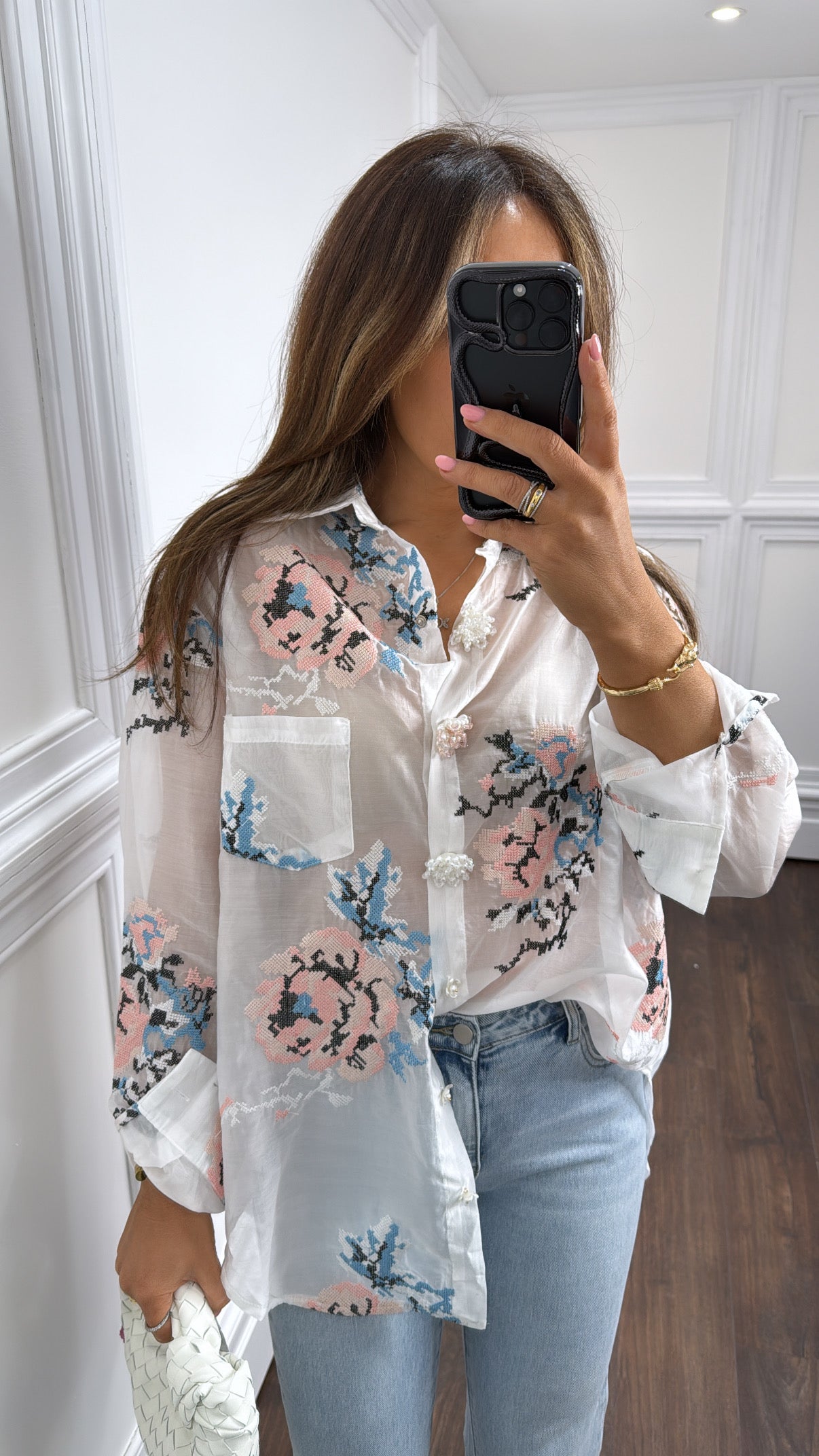 KALI white floral shirt with jewel floral buttons