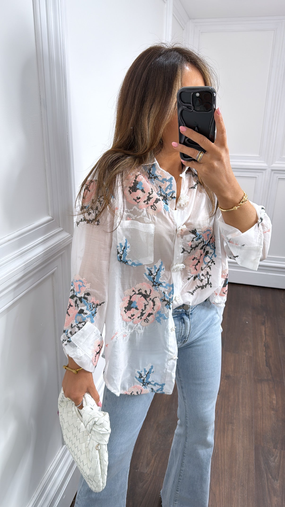 KALI white floral shirt with jewel floral buttons