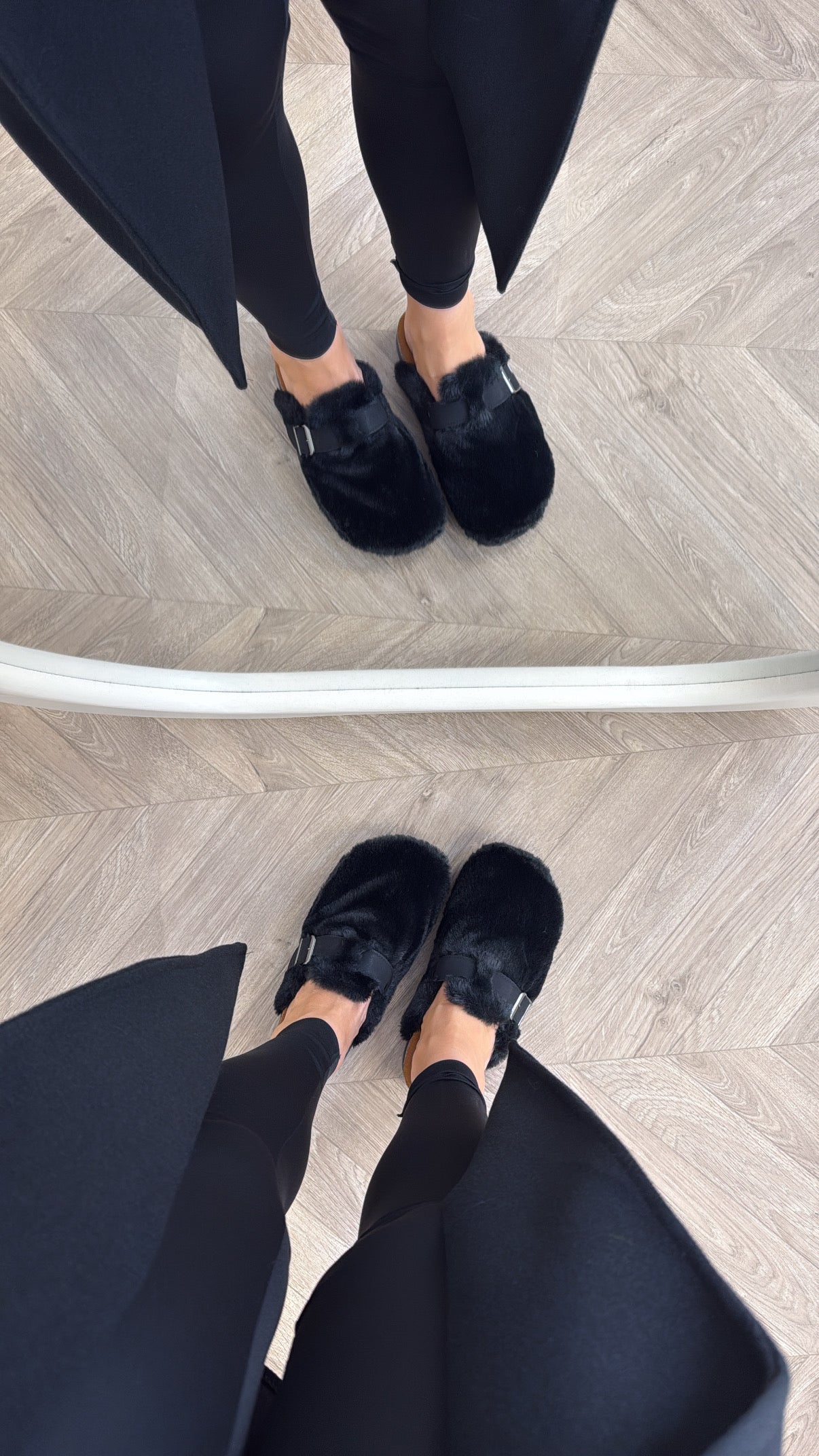 ASPEN black faux fur mules with buckle detail