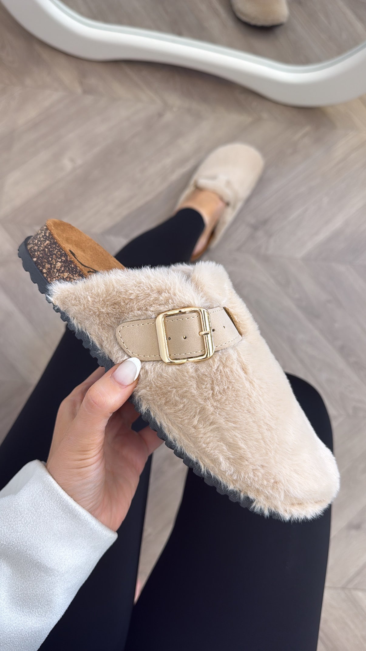 ASPEN beige faux fur mules with buckle detail