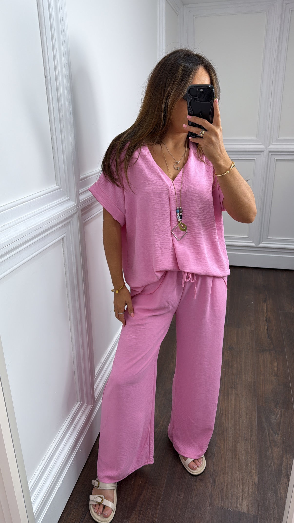 SERENE bubblegum pink top and wide leg co-ord with necklace