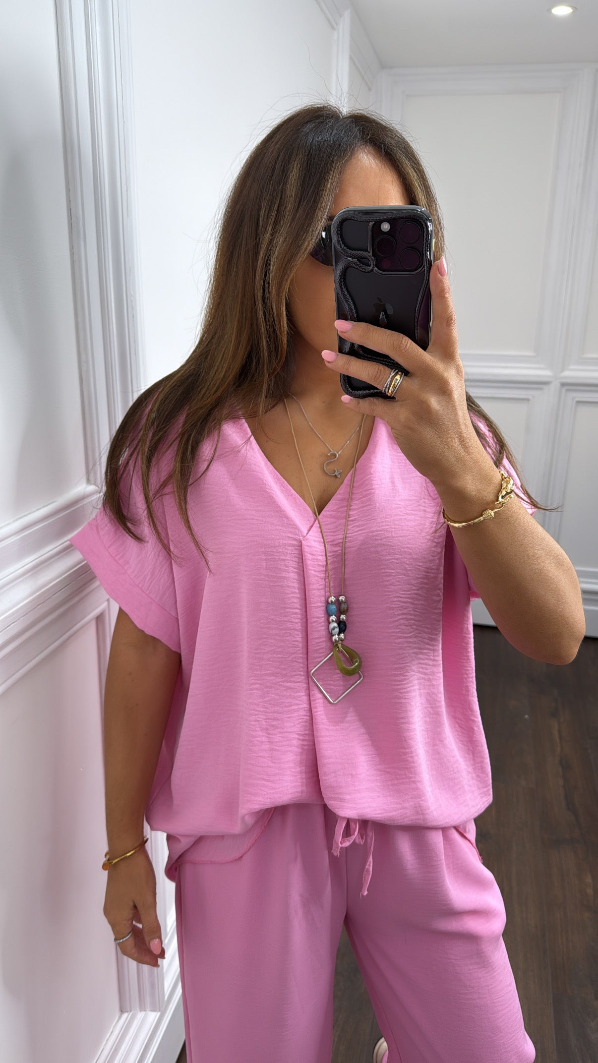 SERENE bubblegum pink top and wide leg co-ord with necklace