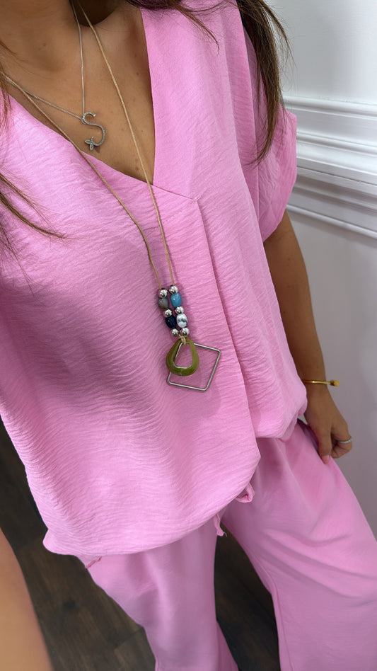 SERENE bubblegum pink top and wide leg co-ord with necklace