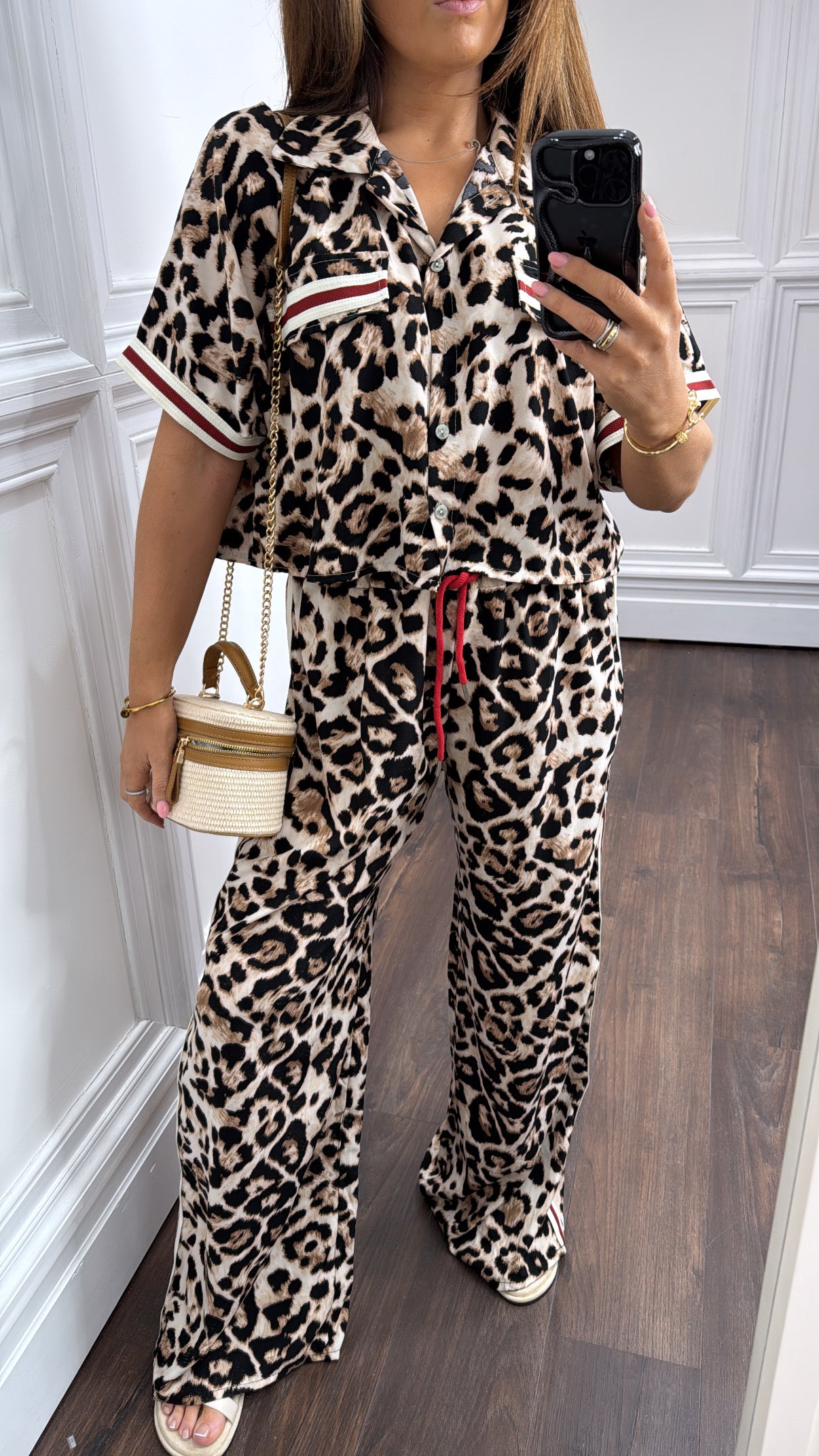 BIANCA leopard cropped shirt co-ord with red contrast stripe