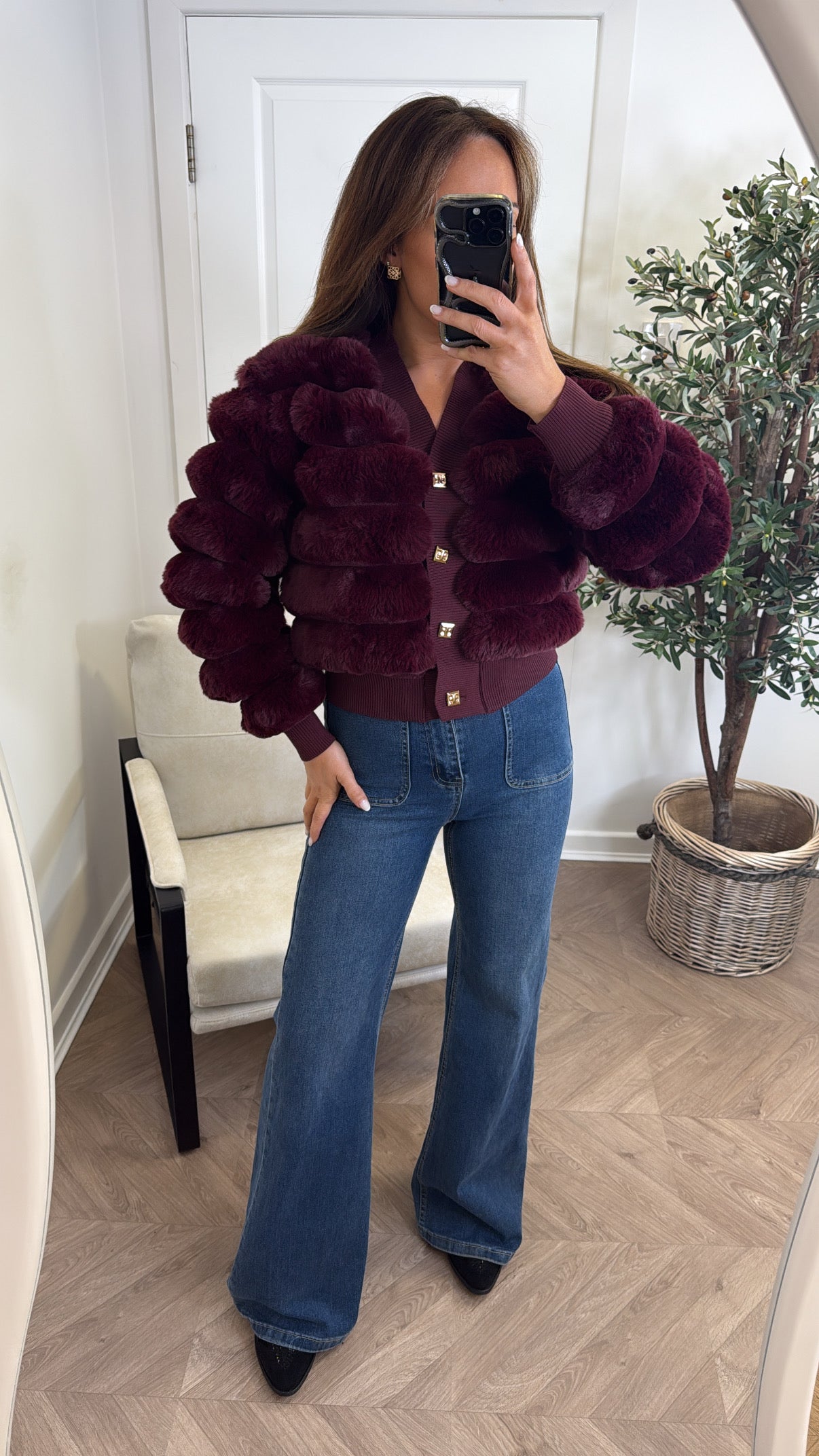 LYDIA burgundy faux fur cardigan