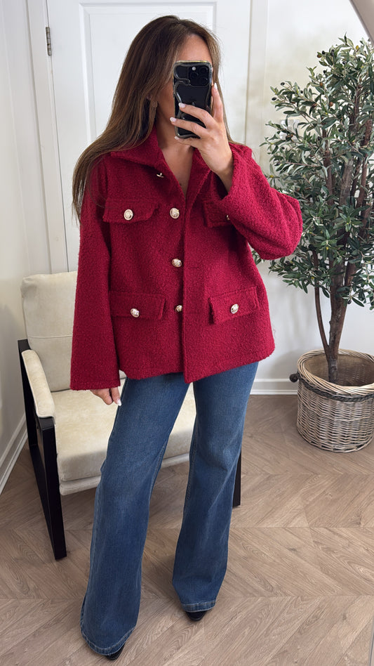 LYRA burgundy boucle button detail jacket