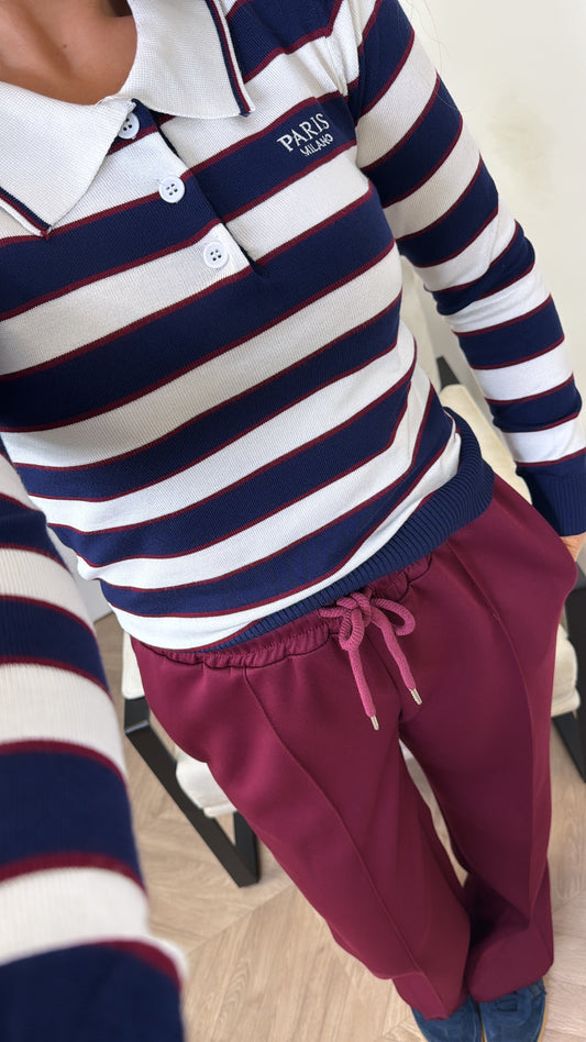 PARIS MILANO navy and burgundy collared rugby style top
