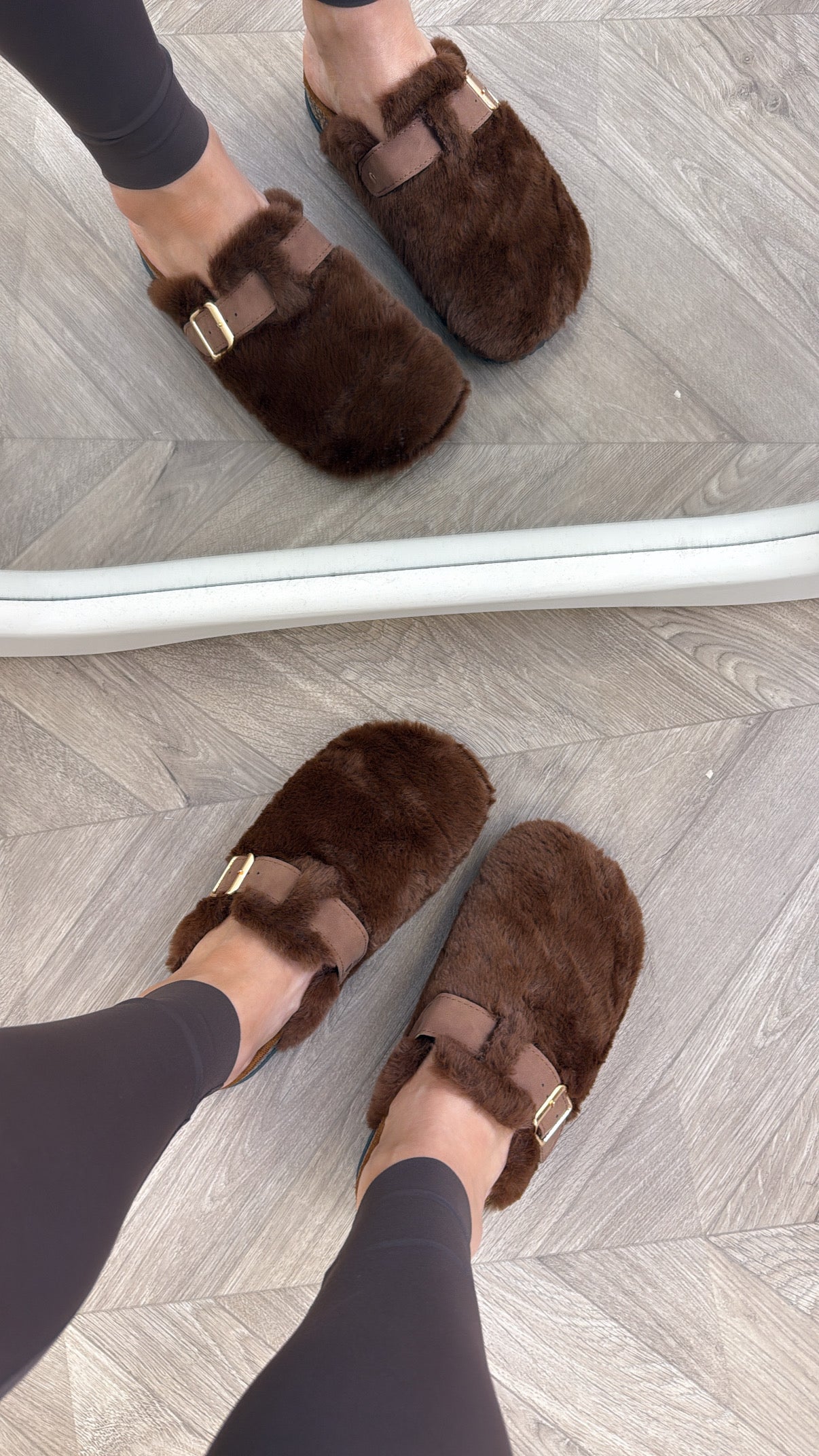 ASPEN brown faux fur mules with buckle detail