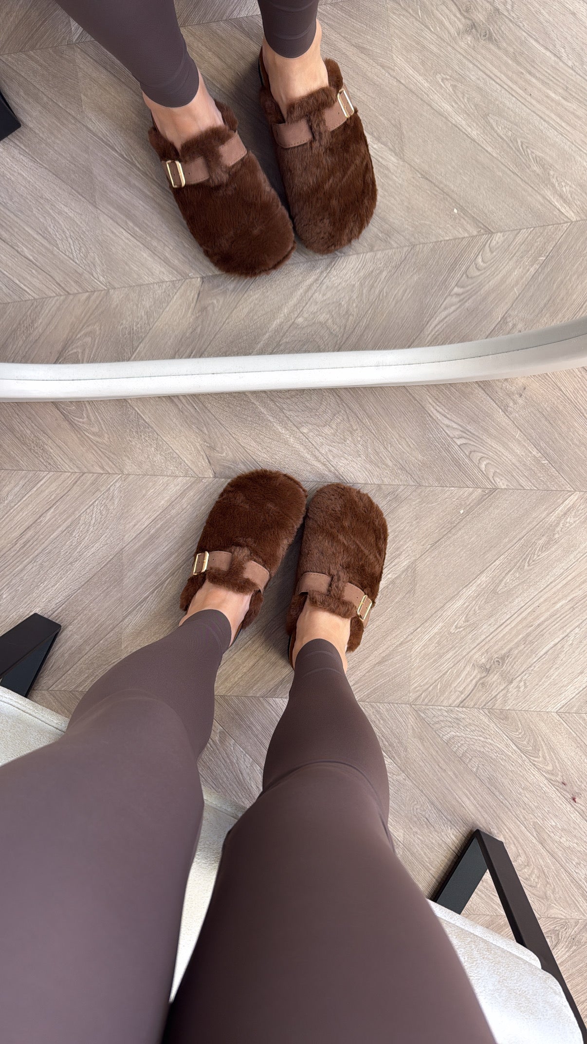 ASPEN brown faux fur mules with buckle detail